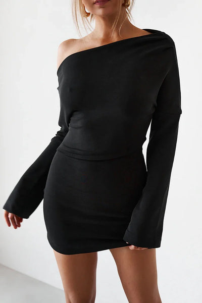 CUPRO LONG SLEEVE MINI DRESS - BLACK