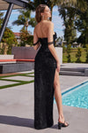STRAPLESS SEQUIN DRESS WITH BEADED DRAPED SHOULDERS - BLACK CD290