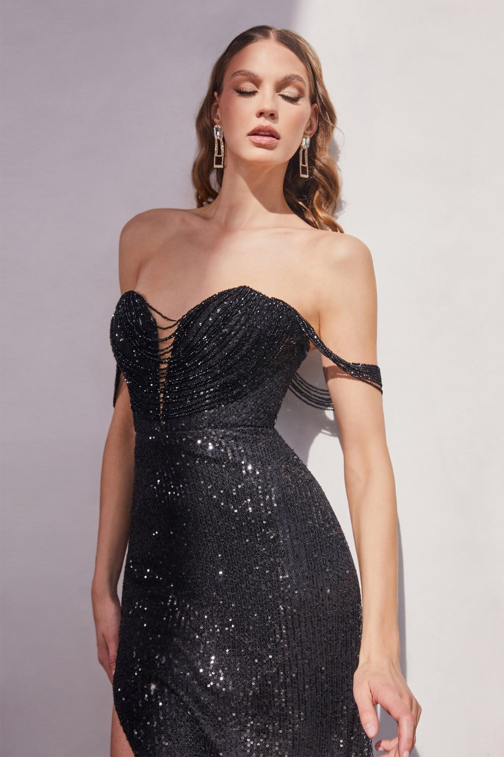 STRAPLESS SEQUIN DRESS WITH BEADED DRAPED SHOULDERS - BLACK CD290