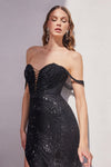 STRAPLESS SEQUIN DRESS WITH BEADED DRAPED SHOULDERS - RED CD290