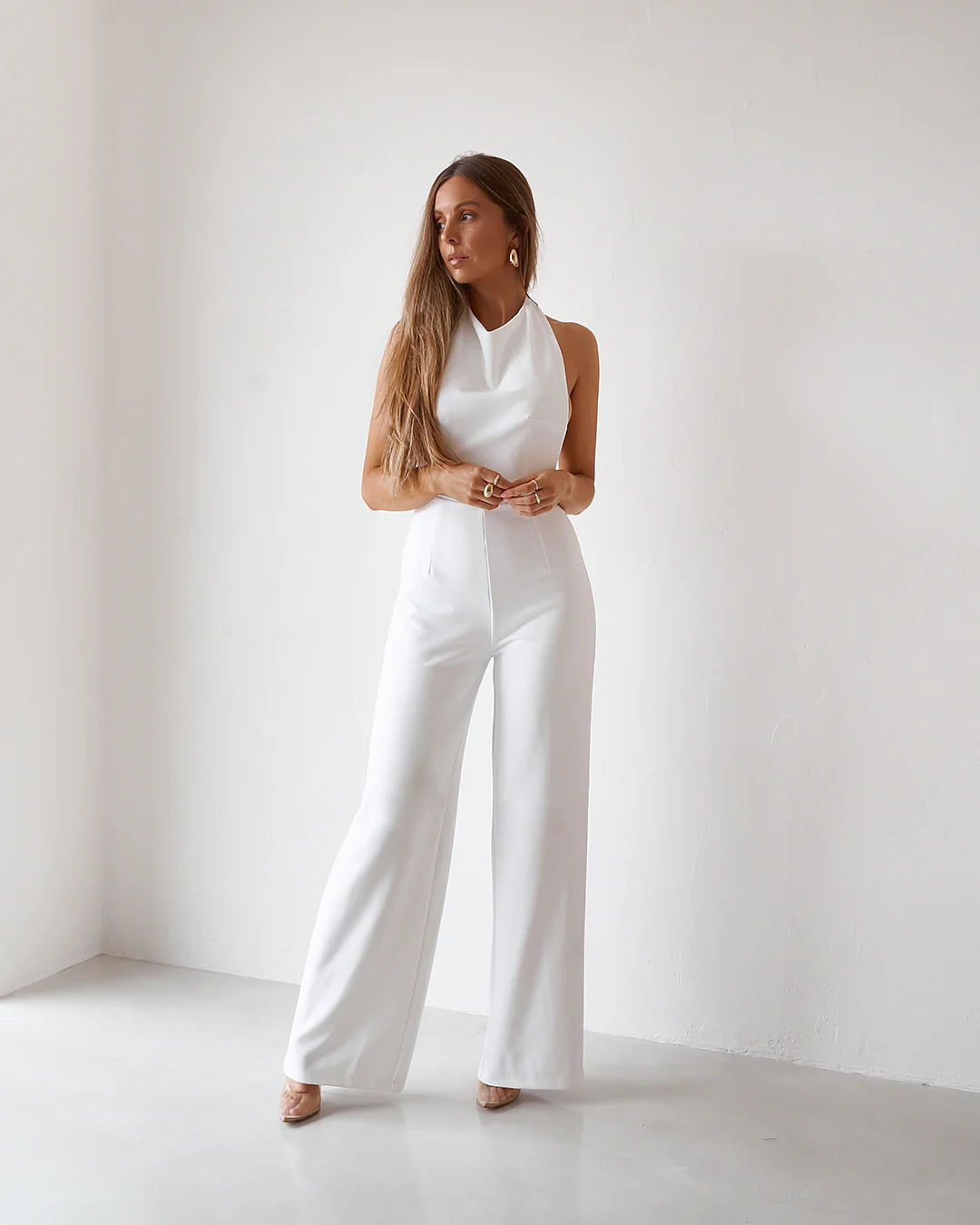 White collared jumpsuit sales