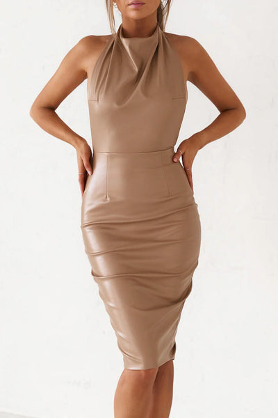 BACKLESS MIDI DRESS - MATTE TAN VEGAN LEATHER